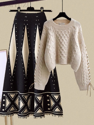 【二点セット】シンプル 配色 長袖 ニットセーター+幾何模様 Aライン スカート ワンピースセット