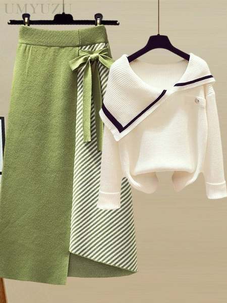 ホワイト/ニット.セーター+グリーン/スカート