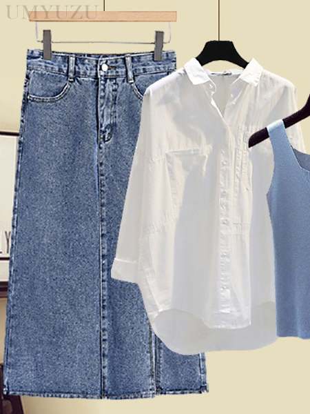 ホワイト/シャツ+ブルー/スカート