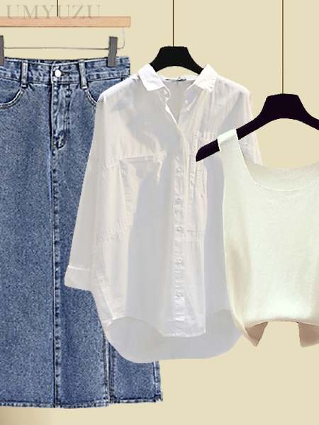ホワイト/キャミソール+ホワイト/シャツ+ブルー/スカート