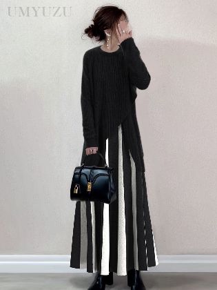 【単品購入可】 長袖 通勤 シンプル ニット・セーター + 配色 切り替え ハイウエスト スカート ワンピースセット