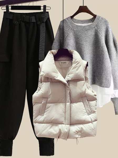 ホワイト/ベスト+グレー/ニット.セーター+ブラック/パンツ