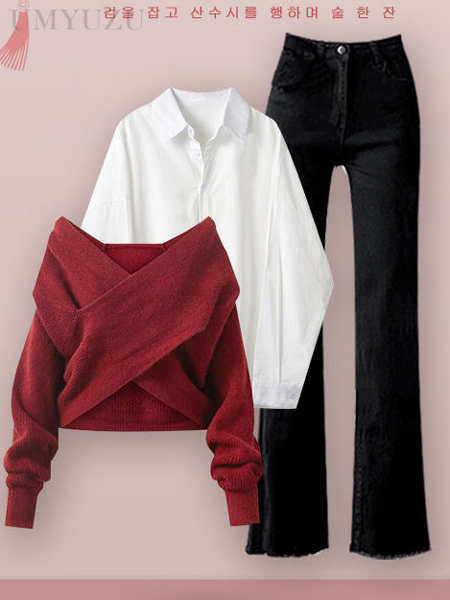 レッド/ニット.セーター+ホワイト/シャツ+ブラック/パンツ