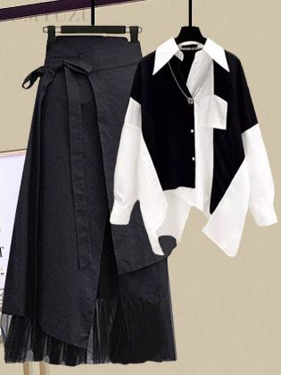 【単品購入可】配色 長袖 ファッション  切り替え シャツ + ボウタイ Aライン スカートセット