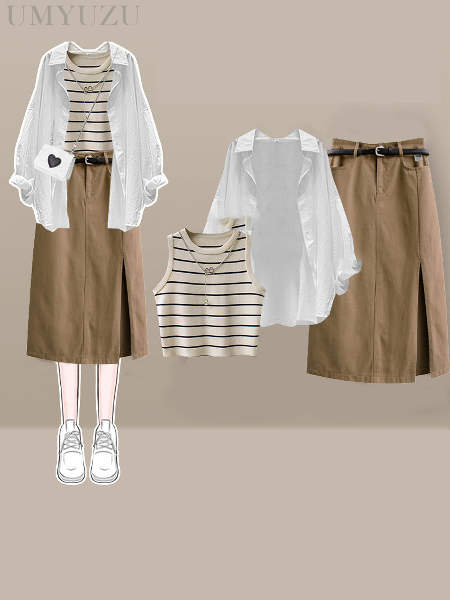 ベージュ/スカート+ホワイト/シャツ