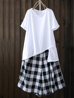 【単品注文可】森ガールラウンドネック Tシャツ + 体型をカバー パンツセット