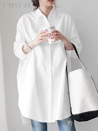 個性的なデザイン フェミニン エレガント 無地 ストライプ柄 通気性良い 折り襟 ロング 春夏 シャツ