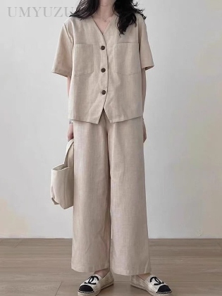 【2点SET】韓国風ファッション  無地森ガールVネックポケット付きトップス+カジュアルパンツ 二点セット