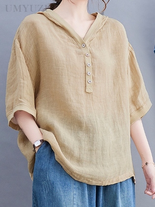 女性大人気 カジュアル フード付き 3色展開 無地 ボタン付き レディース  夏 Tシャツ